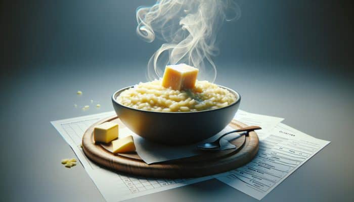 A steaming bowl of risotto with melting cheese, cream, and butter enhancing its creaminess and flavor.