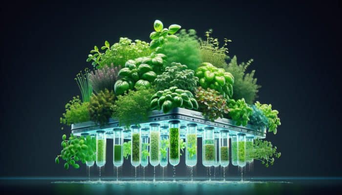 How to Cook with Hydroponic Herbs: Hydroponic garden with basil, cilantro, mint, parsley, thyme, chives, oregano, and dill in nutrient-rich water.