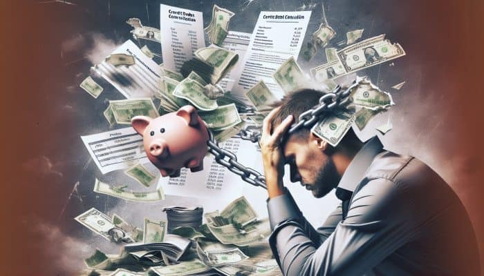 Person overwhelmed by new debts post-consolidation, surrounded by financial documents, illustrating risk of increased debt.