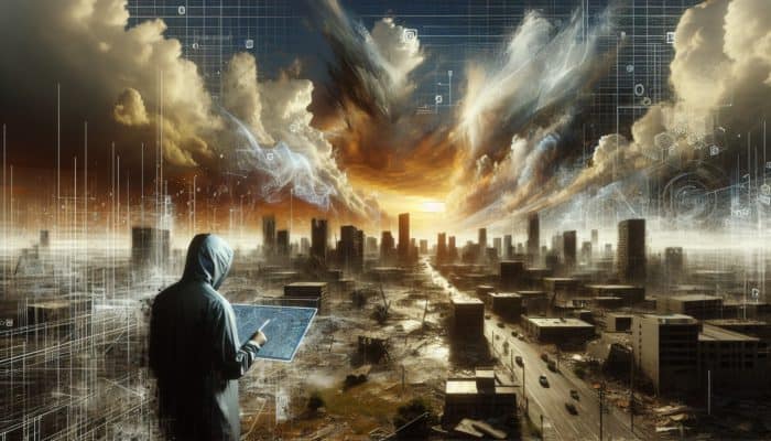 Person navigating post-disaster urban area with map and tech, facing debris and damaged roads under cloudy sky.