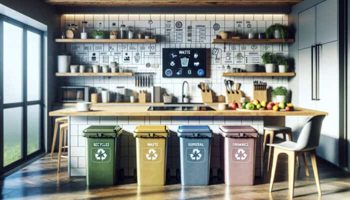 Modern UK kitchen featuring colour-coded bins, a compost bin, a shredder, smart bins, and a waste sorting app displayed on a tablet.