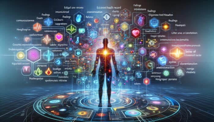 A futuristic digital interface showing interconnected EHRs with real-time data and holographic patient info for better healthcare decisions.