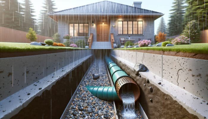 French Drain Services in South Vancouver: Cross-section of a French drain in a South Vancouver backyard, showing gravel trench and perforated pipe redirecting water.