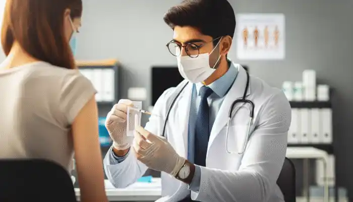 Alcotip Pre-Injection Swabs: A healthcare professional using an Alcotip Pre-Injection Swab on a patient's skin before an injection in a UK clinic.