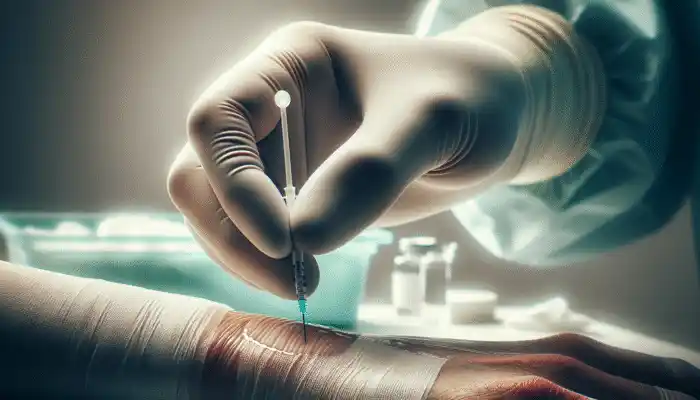 Hand in sterile glove using Alcotip swab on skin, clinical waste bin and injection materials in background.