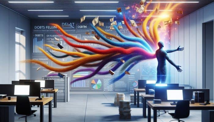 Strategies to Lower Debt Consolidation Interest in the UK | DCL Strategies to Lower Debt Consolidation Interest in the UK: A person feeling relieved as they consolidate debts into one loan, symbolised by merging colourful threads into a single golden thread in a modern financial office.