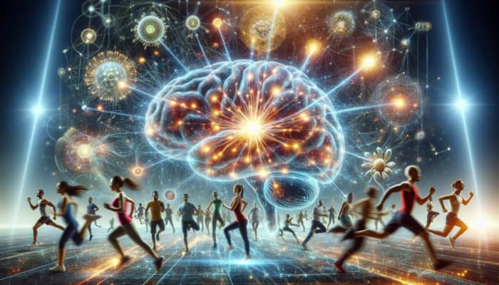 A vibrant brain with glowing neural pathways, set against energetic workout scenes, symbolising Citicoline's cognitive enhancement.