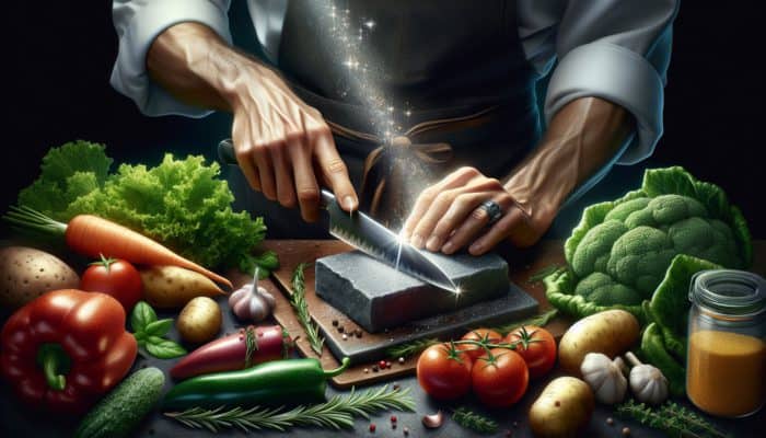 Knife Maintenance Guide: A chef sharpening a kitchen knife on a whetstone, surrounded by fresh vegetables and herbs.