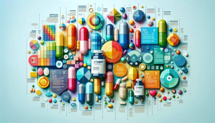 A colourful infographic providing tips on crafting supplement-centric content, featuring vitamins and capsules.