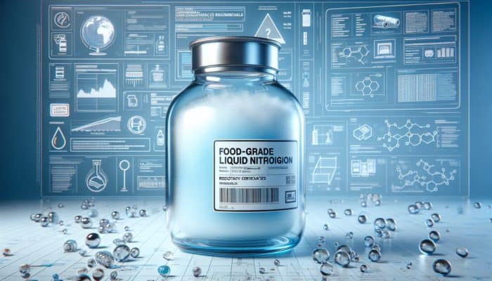 Clear glass container with high-quality, food-grade liquid nitrogen from reputable supplier, safety certifications visible.