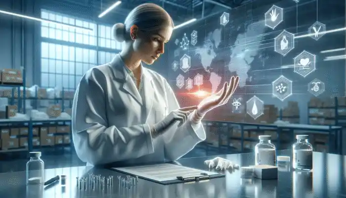 A healthcare professional assessing sterile gloves in a modern Ashford warehouse, accompanied by analytical charts and supplier logos.