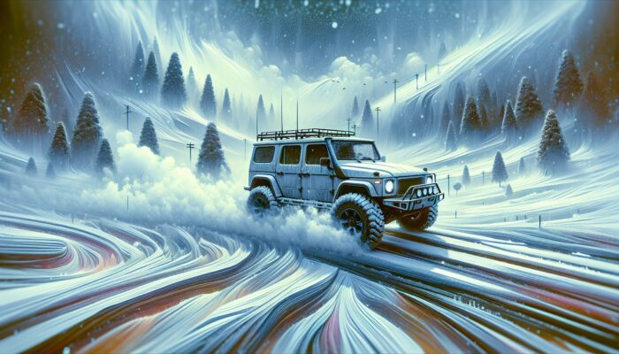 A rugged SUV with snow tyres and a powerful heating system driving safely through icy, snowy roads.