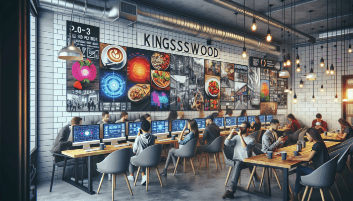 A bustling Kingswood café adorned with social media graphics, customers photographing meals, and screens displaying online engagement.