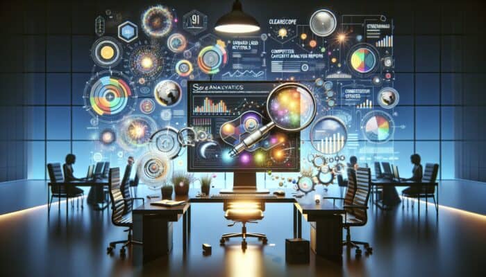 A modern workspace with Clearscope analytics on a computer, surrounded by keyword lists and competitor analysis reports.