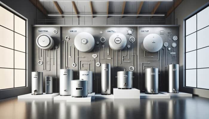 Hot Water Tank Services in Ladner Delta: A diverse selection of hot water tanks displayed in a modern showroom, featuring conventional, tankless, and heat pump models.