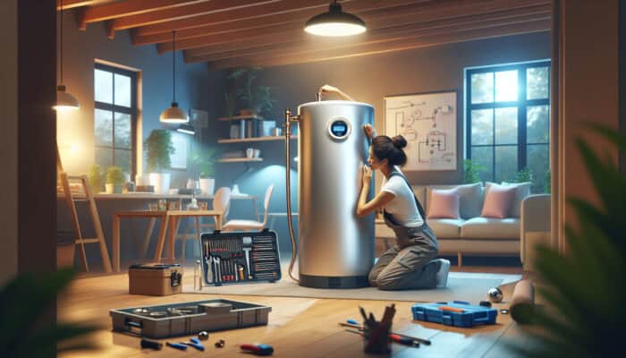 A modern hot water tank situated in a comfortable Ladner, Delta basement, receiving service from a qualified plumber.