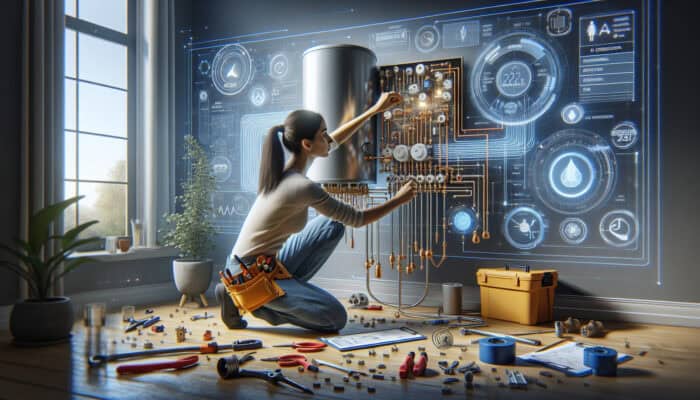 A skilled installer connecting a hot water tank to electrical and plumbing systems in a contemporary home.