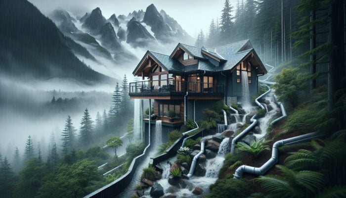 Crawl Space Drainage Services in Squamish: A rain-swept house in Squamish, BC, with gutters and downspouts channeling water away from the foundation amid misty mountains.