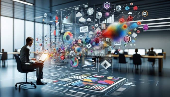 Online Debt Consolidation Loan Simulators: A person analysing colourful graphs and charts on a laptop using a debt consolidation loan simulator in a modern office.