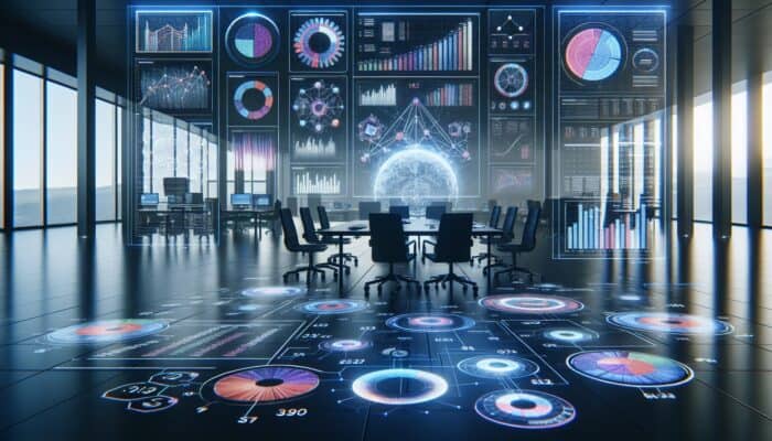 Best Tools for Tracking Hosting SEO Performance: A vibrant digital dashboard in a contemporary office showcases vivid graphs of SEO metrics like keyword rankings, traffic, backlinks, and on-page factors.