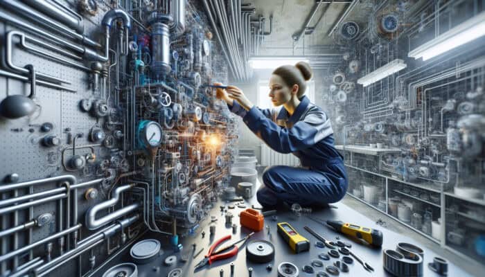 A technician in safety gear meticulously cleans and inspects a modern boiler in a well-lit basement, using tools to check for leaks and ensure longevity.