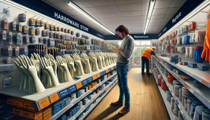 A customer trying on shiny latex gauntlet gloves in a bustling Maidstone hardware store, surrounded by safety equipment under warm lights.