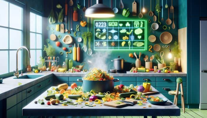A vibrant kitchen scene showcasing vegetable peels converted into nutritious stock, highlighting eco-friendly upcycling.