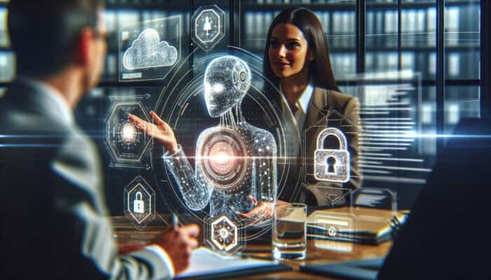 Diverse user in a modern office discussing data privacy with a holographic virtual assistant, surrounded by transparent symbols, secure locks, and digital streams.