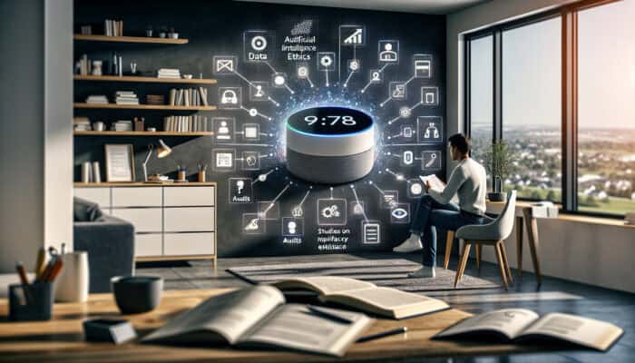 User in a modern home office interacting with Amazon's Alexa, surrounded by floating icons of data audits, AI ethics books, and privacy updates.