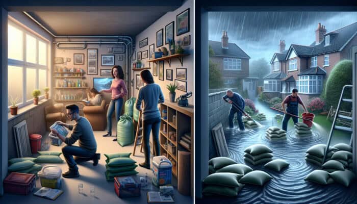 Manchester family waterproofs basement, stores valuables high. Bristol homeowners use sandbags, drainage to divert garden floodwater.