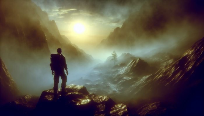 In a misty wilderness, a determined explorer gazes at the rising sun for direction, embodying resilience amid confusing terrain.