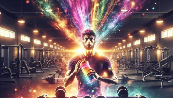 Choosing the Right Pre-Workout Supplement: A determined athlete mixes colourful pre-workout powder in a shaker bottle in a vibrant gym, surrounded by weights and machines, radiating energy and focus.
