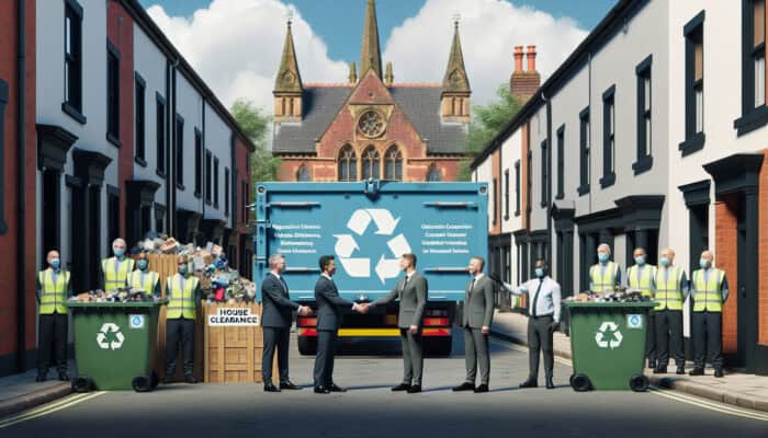 In Coventry, house clearance professionals shake hands with local officials amid recycling bins, waste trucks, and volunteers, symbolising collaboration.