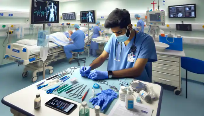 A healthcare worker in a busy UK hospital ward wears blue nitrile gloves while examining a patient, surrounded by sterile tools and masks for infection prevention.