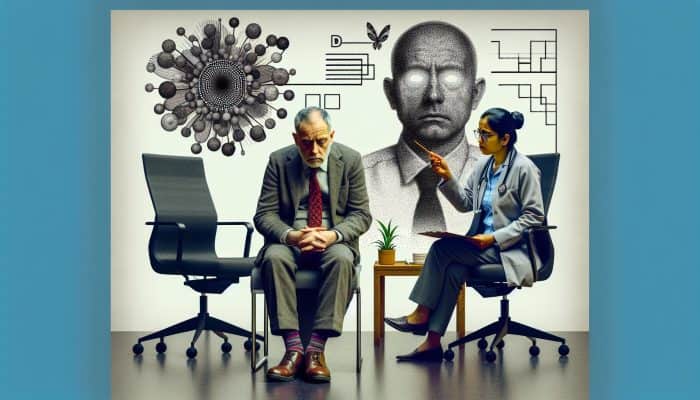 When to Check Testosterone in Men and Women?: A fatigued middle-aged man in a UK doctor's office, with dark circles, as a GP points to a hormone chart; a wilting flower symbolizes low libido.