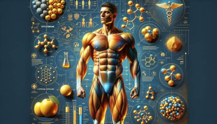 What Hormones Affect Men’s Health: Illustration of a muscular man surrounded by glowing testosterone and cortisol molecules, with anatomical charts and health symbols.