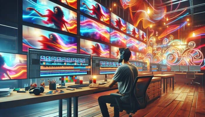 A video editor in a modern studio, surrounded by screens displaying vibrant footage with smooth transitions and syncing music waves.