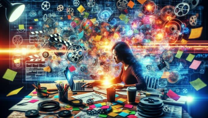 Filmmaker at a cluttered desk reviews storyboards on a laptop, surrounded by film reels, sticky notes, and coffee cups in a creative atmosphere.