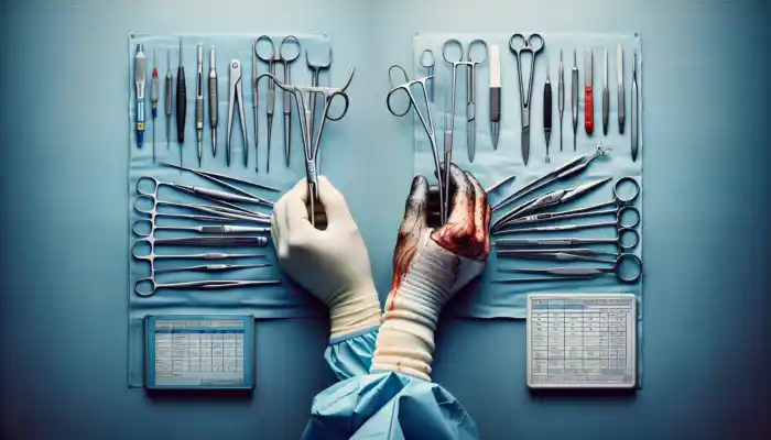 Illustration of a surgeon's hand in flexible latex gloves handling precise instruments, contrasted with a nitrile-gloved hand gripping durable tools in a UK surgical setting.