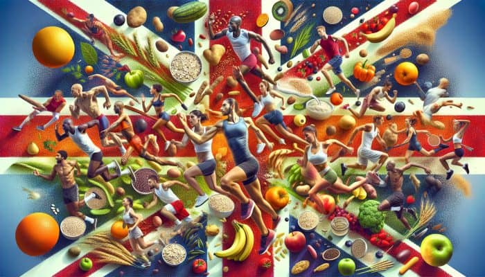 Nutrition for Athletes: UK athletes engaged in physical activity surrounded by whole grains, fruits, and vegetables symbolising energy and optimal performance.