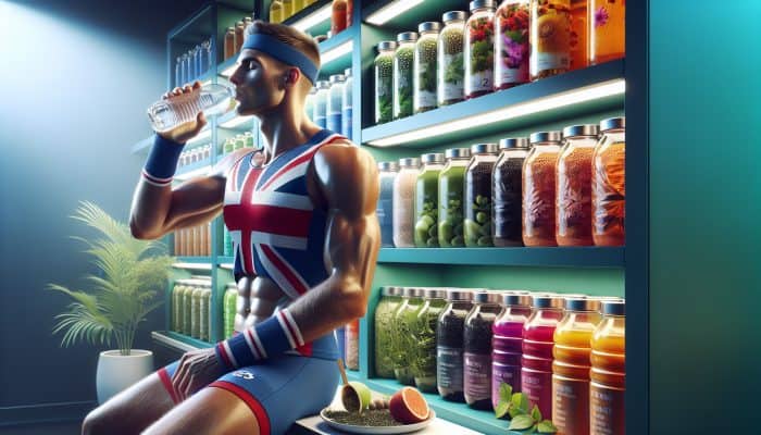 UK athlete hydrating with water, surrounded by herbal teas and electrolyte drinks, highlighting the significance of hydration for performance.