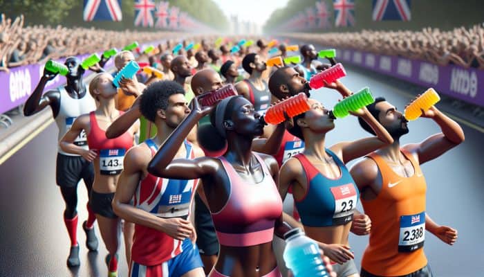 UK athletes drinking vibrant sports drinks to replenish electrolytes during a marathon, enhancing performance and preventing cramps.