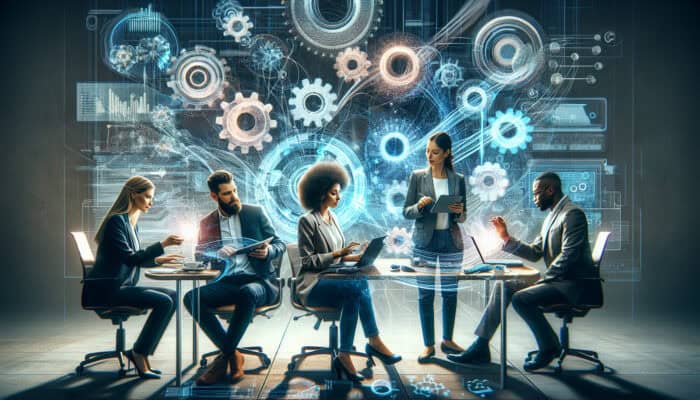 A diverse marketing team collaborates with holographic assistants in an office, surrounded by data streams and gears symbolising streamlined workflows.