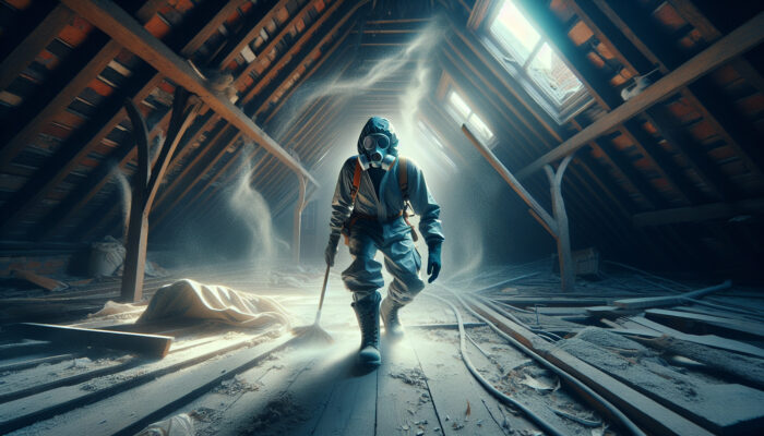 A worker in a dimly lit Victorian attic wears a dust mask, gloves, goggles, and boots while avoiding beams and wires in swirling dust.