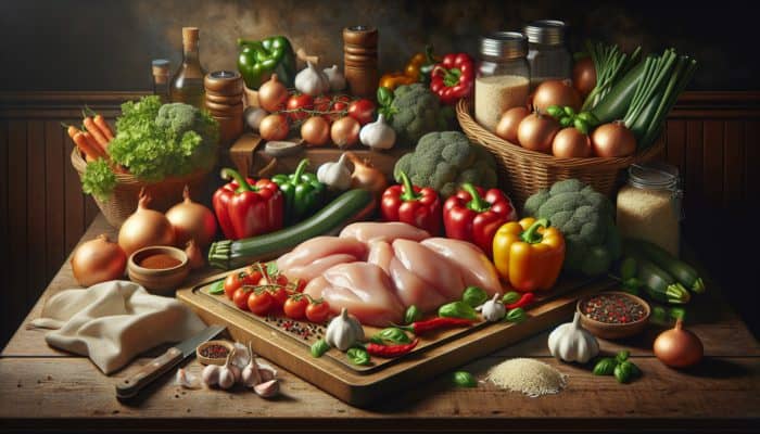 Fresh boneless chicken, colourful vegetables, herbs, and spices arranged on a wooden board in a warm kitchen setting.