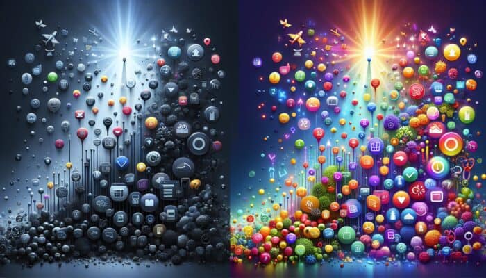 Illustration of SEO's effect: a dim underperforming product page with low traffic icons compared to a vibrant one with rising graphs and sales symbols.