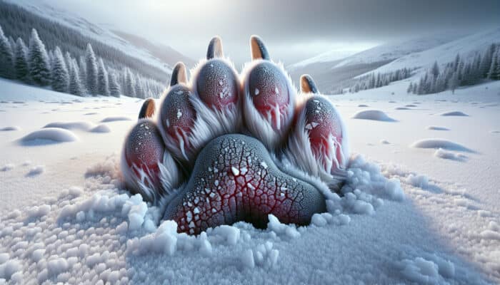Close-up of a dog's paw pads in deep snow, showing cracked skin, redness, and ice crystals between toes in a frosty landscape.