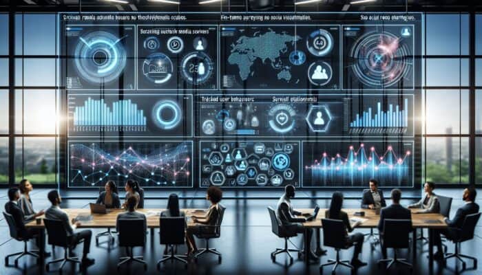 A digital dashboard in a modern office shows Google Analytics graphs tracking social media interactions and user behaviour, with survey and testimonial icons, as diverse professionals analyse data.