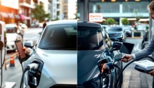 A split image showcasing two electric cars charging on a city street. On the right, an individual plugs in a blue car beneath an "Electric Car Rental" sign—ideal for those exploring their rental options.