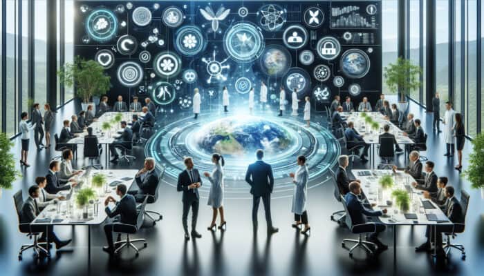 Experts in suits and lab coats discuss sustainability strategies on digital screens, surrounded by plants and solar panels, symbolising resilience.